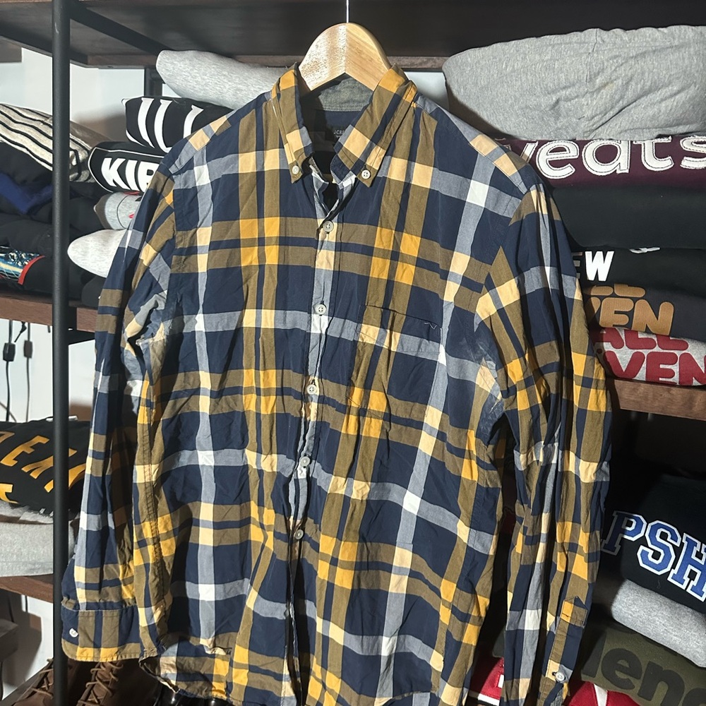 J. Crew Navy and Mustard Plaid Shirt